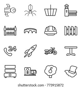 Thin line icon set : satellite, virus, basket, church, gothic architecture, bridge, building helmet, fence, phone 24, rocket, motorcycle, table, double boiler, food processor, garden, floor washing