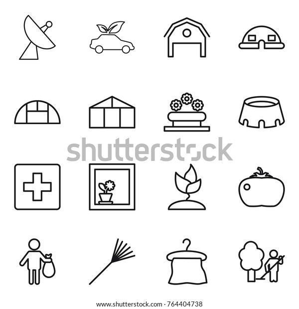 Thin line\
icon set : satellite antenna, eco car, barn, dome house,\
greenhouse, flower bed, stadium, first aid, in window, sprouting,\
tomato, trash, rake, hanger, garden\
cleaning