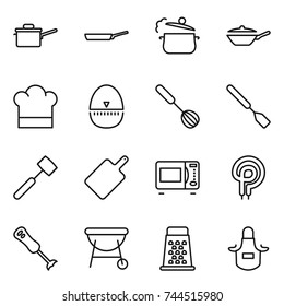 thin line icon set : saute pan, steam, cook hat, egg timer, whisk, spatula, meat hammer, cutting board, microwave oven, elecric, blender, bbq, grater, apron