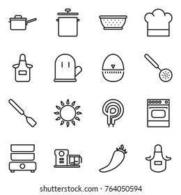 Thin line icon set : saute pan, colander, cook hat, apron, glove, egg timer, skimmer, spatula, gas oven, elecric, double boiler, food processor, hot pepper