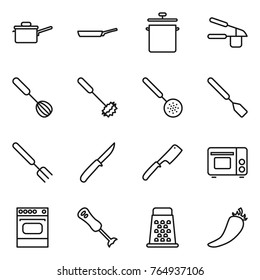 Thin line icon set : saute pan, garlic clasp, whisk, skimmer, spatula, big fork, knife, chef, grill oven, blender, grater, hot pepper