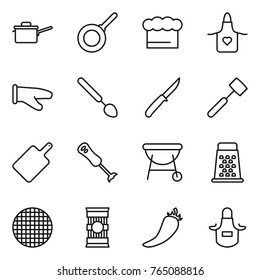 Thin line icon set : saute pan, chief hat, apron, cook glove, big spoon, knife, meat hammer, cutting board, blender, bbq, grater, sieve, pasta, hot pepper