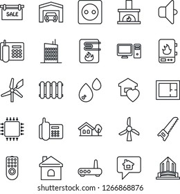 Thin Line Icon Set - saw vector, house, office phone, with tree, garage, plan, sale, sweet home, fireplace, city, chip, socket, remote control, water heater, router, pc, radiator, sound, windmill