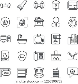 Thin Line Icon Set - saw vector, house, bird, tv, office building, phone, plan, sale, estate agent, children room, bathroom, cushioned furniture, fireplace, city, insurance, fingerprint, irrigation