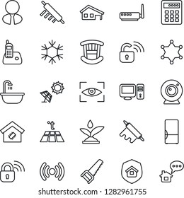 Thin Line Icon Set - saw vector, radio phone, house with garage, estate agent, children room, bathroom, fridge, smart home, insurance, rolling pin, wireless lock, irrigation, router, web camera, pc
