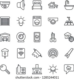 Thin Line Icon Set - saw vector, bird house, office phone, radio, with garage, key, bedroom, bathroom, fireplace, estate insurance, rolling pin, wireless, web camera, home control app, washer, bulb