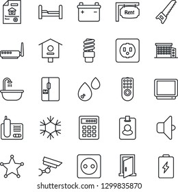 Thin Line Icon Set - saw vector, bird house, tv, radio phone, estate document, rent, office building, bedroom, bathroom, fridge, socket, remote control, router, snowflake, water, energy saving bulb