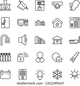 Thin Line Icon Set - saw vector, house with tree, office building, estate agent, bathroom, fireplace, fridge, smart home, rolling pin, wireless lock, remote control, water heater, router, web camera