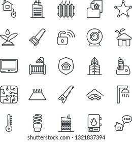 Thin Line Icon Set - saw vector, tv, radio phone, office building, garage, estate document, children room, heater, city house, insurance, home control, chip, eco, wireless lock, irrigation, water