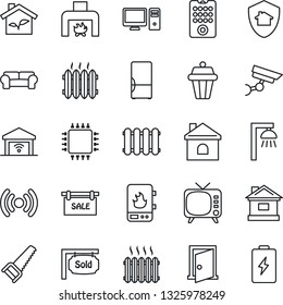 Thin Line Icon Set - saw vector, house, tv, sale, sold signboard, cushioned furniture, fireplace, heater, fridge, chip, eco, remote control, water, wireless, pc, radiator, outdoor lamp, garage gate