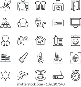 Thin Line Icon Set - saw vector, tv, monitor, radio phone, office building, estate agent, bedroom, children room, cushioned furniture, fireplace, eco house, power plug, fingerprint, wireless lock