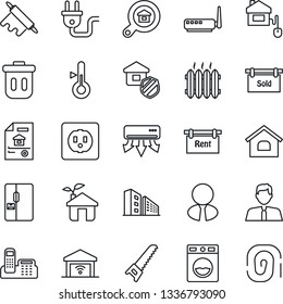 Thin Line Icon Set - saw vector, office phone, house, estate document, rent, sold signboard, building, search, agent, heater, fridge, insurance, rolling pin, home control, eco, socket, power plug