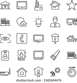 Thin Line Icon Set - saw vector, bird house, tv, monitor, radio phone, with garage, office building, estate agent, eco, water heater, router, pc, bulb, gate control, eye scan, home protect, police