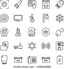 Thin Line Icon Set - saw vector, office phone, monitor, estate document, rent, sold signboard, search, insurance, water heater, wireless, router, web camera, snowflake, home control app, washer