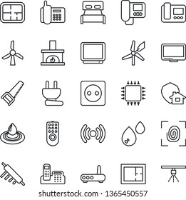 Thin Line Icon Set - saw vector, office phone, tv, monitor, plan, bedroom, fireplace, rolling pin, chip, socket, power plug, fingerprint, remote control, wireless, router, intercome, water, windmill