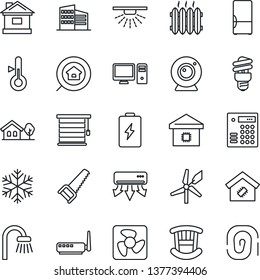 Thin Line Icon Set - saw vector, house, with tree, office building, estate search, children room, bathroom, heater, fridge, smart home, fan, router, web camera, snowflake, air conditioner, pc