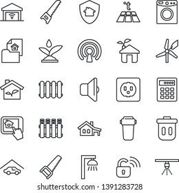 Thin Line Icon Set - saw vector, house with garage, estate document, eco, socket, wireless lock, irrigation, home control app, water filter, washer, radiator, warm floor, outdoor lamp, sound, gate