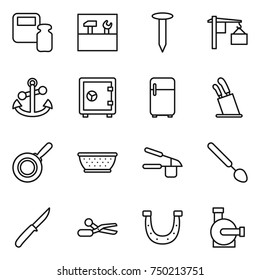 thin line icon set : scales weight, tools, nail, loading, anchor, safe, fridge, stands for knives, pan, colander, garlic clasp, big spoon, knife, scissors, horseshoe, water pump