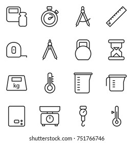 thin line icon set : scales weight, stopwatch, draw compass, ruler, measuring tape, drawing compasses, heavy, sand clock, thermometer, cup, kitchen, handle