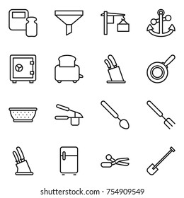 thin line icon set : scales weight, funnel, loading, anchor, safe, toaster, stands for knives, pan, colander, garlic clasp, big spoon, fork, knife holder, fridge, scissors, shovel