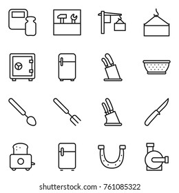 Thin line icon set : scales weight, tools, loading, crane, safe, fridge, stands for knives, colander, big spoon, fork, knife holder, toaster, horseshoe, water pump