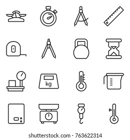 Thin line icon set : scales, stopwatch, draw compass, ruler, measuring tape, drawing compasses, heavy, sand clock, warehouse, thermometer, cup, kitchen, handle
