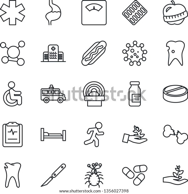 Thin Line Icon Set - scales vector, pills, blister,
ampoule, scalpel, tomography, ambulance star, car, run, hospital
bed, disabled, stomach, caries, broken bone, pulse clipboard, diet,
virus