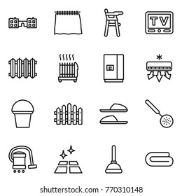 Thin line icon set : school, curtain, Chair for babies, tv, radiator, fridge, air conditioning, bucket, fence, slippers, skimmer, vacuum cleaner, clean floor, plunger, towel