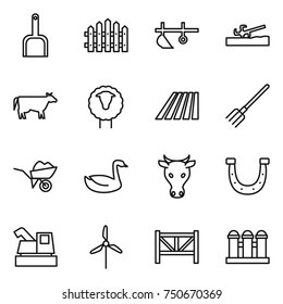 thin line icon set : scoop, fence, plow, soil cutter, cow, sheep, field, fork, wheelbarrow, goose, horseshoe, harvester, windmill, farm, grain elevator