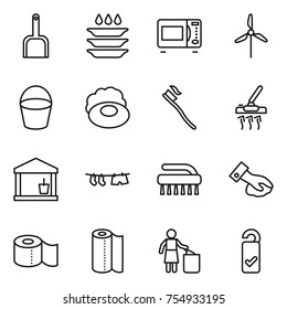thin line icon set : scoop, plate washing, microwave oven, windmill, bucket, soap, tooth brush, vacuum cleaner, utility room, drying clothe, wiping, toilet paper, towel, garbage bin, please clean