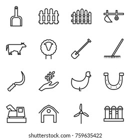 Thin line icon set : scoop, fence, plow, cow, sheep, shovel, rake, sickle, harvest, chicken, horseshoe, harvester, barn, windmill, grain elevator