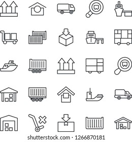 Thin Line Icon Set - sea shipping vector, truck trailer, cargo container, car delivery, port, consolidated, warehouse storage, up side sign, no trolley, package, search