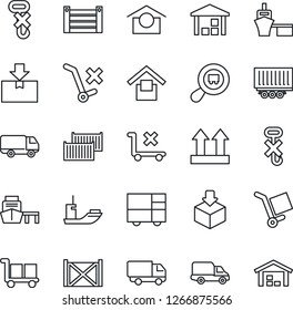 Thin Line Icon Set - sea shipping vector, truck trailer, cargo container, car delivery, port, consolidated, warehouse storage, up side sign, no trolley, hook, package, search