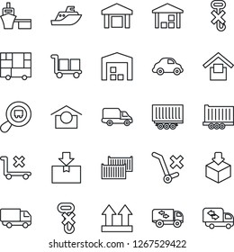 Thin Line Icon Set - sea shipping vector, truck trailer, cargo container, car delivery, port, consolidated, warehouse storage, up side sign, no trolley, hook, package, search, moving