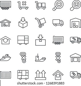 Thin Line Icon Set - sea shipping vector, truck trailer, cargo container, car delivery, consolidated, warehouse storage, up side sign, no trolley, hook, package, search, moving