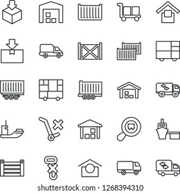 Thin Line Icon Set - sea shipping vector, truck trailer, cargo container, car delivery, port, consolidated, warehouse storage, no trolley, hook, package, search, moving