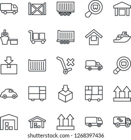 Thin Line Icon Set - sea shipping vector, truck trailer, cargo container, car delivery, port, consolidated, warehouse storage, up side sign, no trolley, package, search, moving