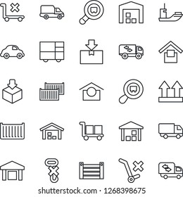 Thin Line Icon Set - sea shipping vector, cargo container, car delivery, consolidated, warehouse storage, up side sign, no trolley, hook, package, search, moving