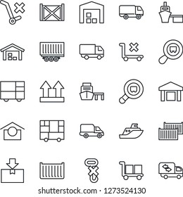 Thin Line Icon Set - sea shipping vector, truck trailer, cargo container, car delivery, port, consolidated, warehouse storage, up side sign, no trolley, hook, package, search, moving