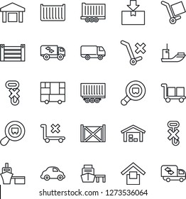 Thin Line Icon Set - sea shipping vector, truck trailer, cargo container, car delivery, port, consolidated, warehouse storage, no trolley, hook, package, search, moving