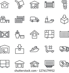 Thin Line Icon Set - sea shipping vector, truck trailer, cargo container, car delivery, port, consolidated, warehouse storage, no trolley, hook, package, moving