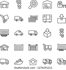 Thin Line Icon Set - sea shipping vector, truck trailer, cargo container, car delivery, port, consolidated, warehouse storage, no hook, package, search, moving