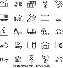 Thin Line Icon Set - sea shipping vector, truck trailer, cargo container, car delivery, port, consolidated, up side sign, no trolley, hook, warehouse, package, search, moving