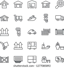 Thin Line Icon Set - sea shipping vector, truck trailer, cargo container, car delivery, port, consolidated, warehouse storage, up side sign, no hook, search, moving