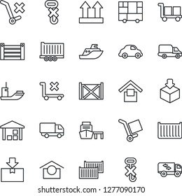 Thin Line Icon Set - sea shipping vector, truck trailer, cargo container, car delivery, port, consolidated, warehouse storage, up side sign, no trolley, hook, package, moving