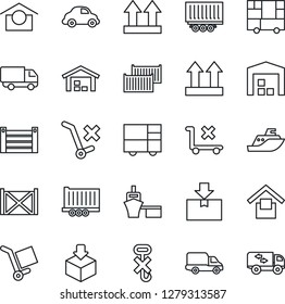 Thin Line Icon Set - sea shipping vector, truck trailer, cargo container, car delivery, port, consolidated, warehouse storage, up side sign, no trolley, hook, package, moving