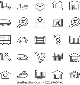 Thin Line Icon Set - sea shipping vector, truck trailer, cargo container, car delivery, consolidated, warehouse storage, up side sign, no trolley, hook, package, search