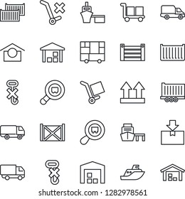 Thin Line Icon Set - sea shipping vector, truck trailer, cargo container, car delivery, port, consolidated, warehouse storage, up side sign, no trolley, hook, package, search