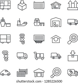 Thin Line Icon Set - sea shipping vector, truck trailer, cargo container, car delivery, port, consolidated, warehouse storage, up side sign, no hook, package, search, moving