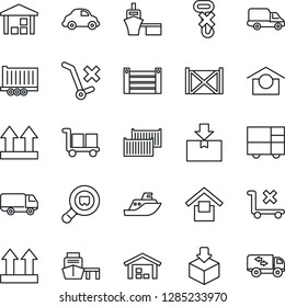 Thin Line Icon Set - sea shipping vector, truck trailer, cargo container, car delivery, port, consolidated, warehouse storage, up side sign, no trolley, hook, package, search, moving